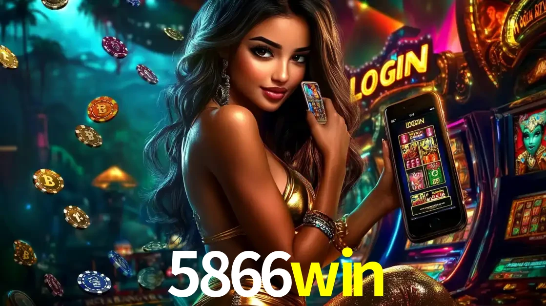 Mulher em um cenário de cassino temático de aventura, mostrando o app de caça-níqueis da 5866win no celular. Fichas de apostas flutuam ao redor.