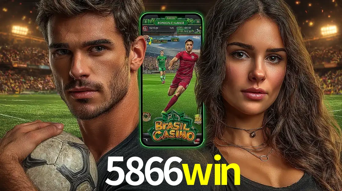 Homem segurando uma bola de futebol e uma mulher ao lado de um smartphone exibindo o jogo de apostas esportivas da 5866win. Faça seu palpite no cassino online.